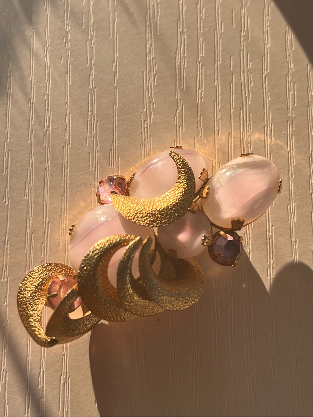 Gold Crescent Moon Pink Stone Brooch - Women Jewelry
